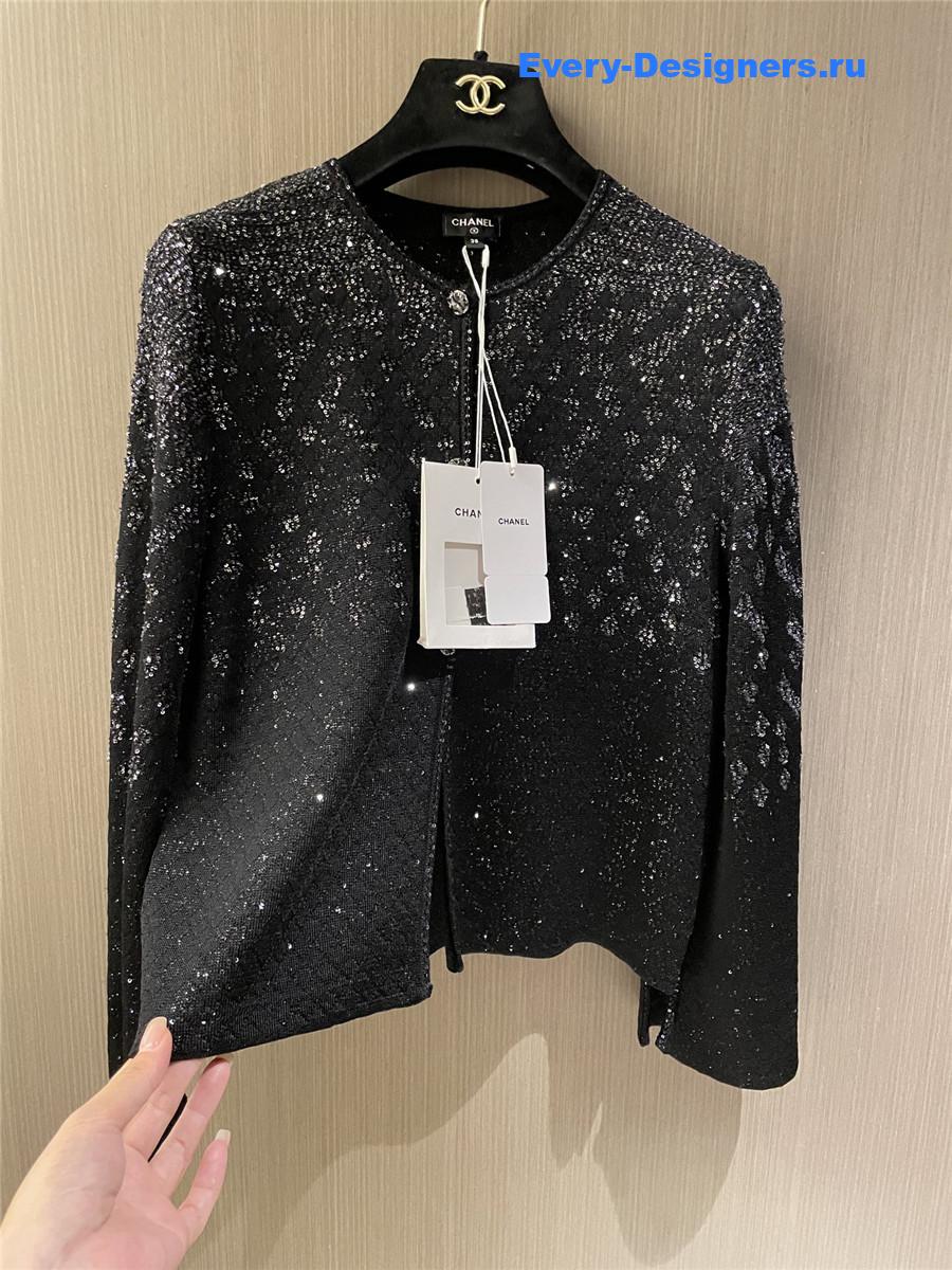 Ch**el black sequin crew neck cardigan