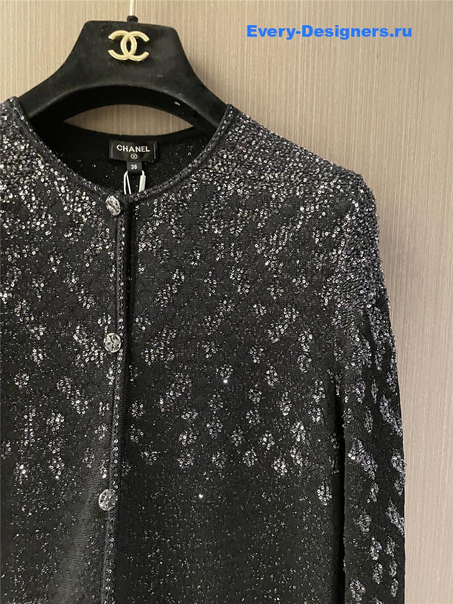 Ch**el black sequin crew neck cardigan