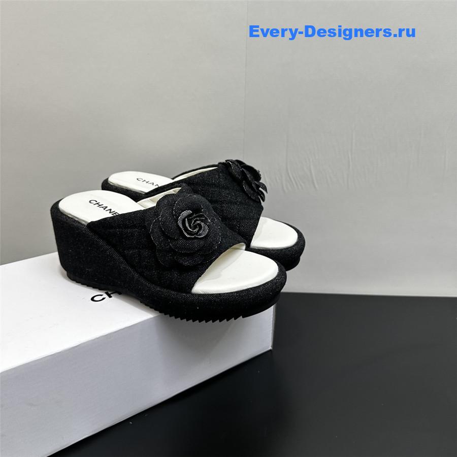 Ch**el black camellia wedge slippers