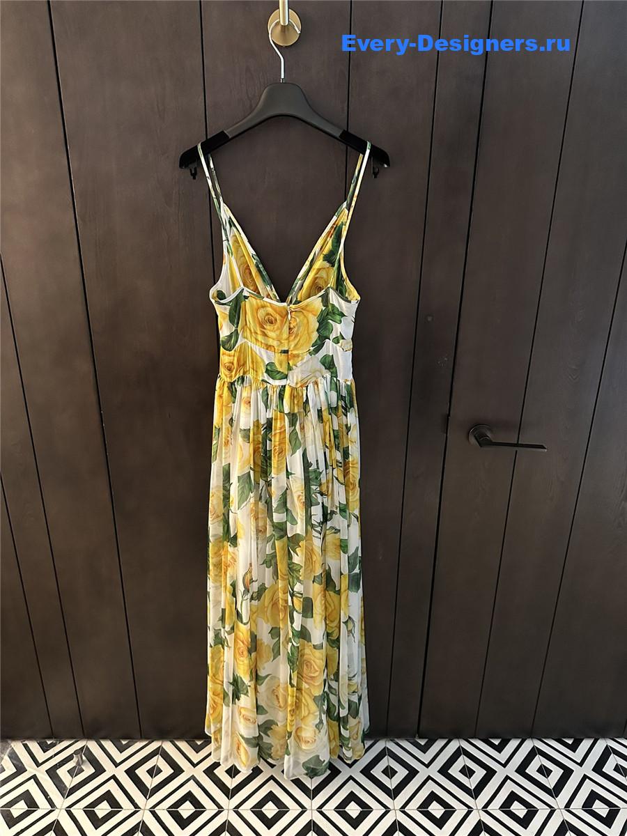 Dolce & Gabbana Yellow Rose-Print Silk Maxi Dress