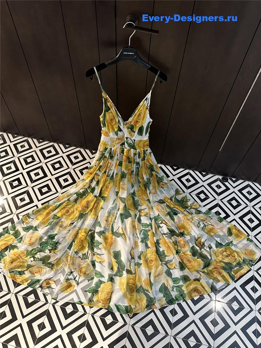 Dolce & Gabbana Yellow Rose-Print Silk Maxi Dress