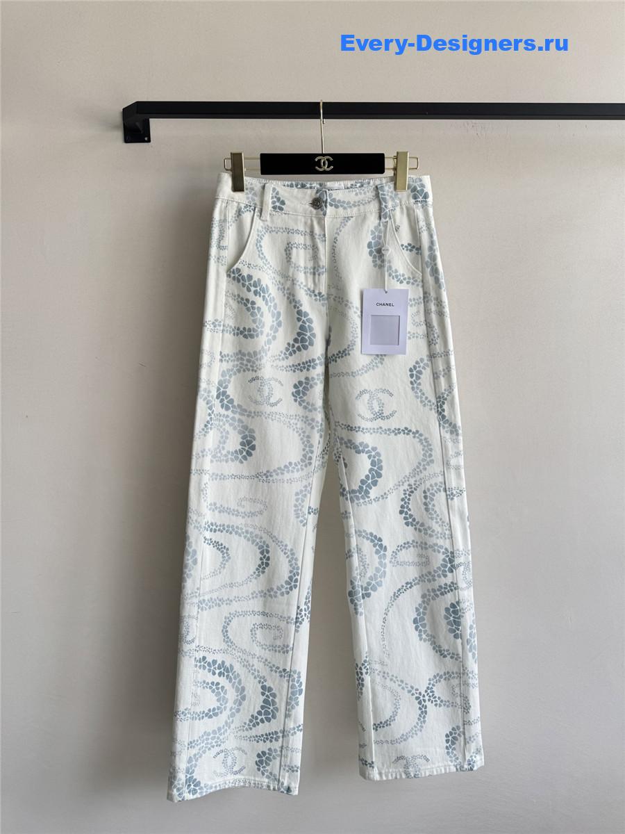 Ch**el white & blue printed jeans