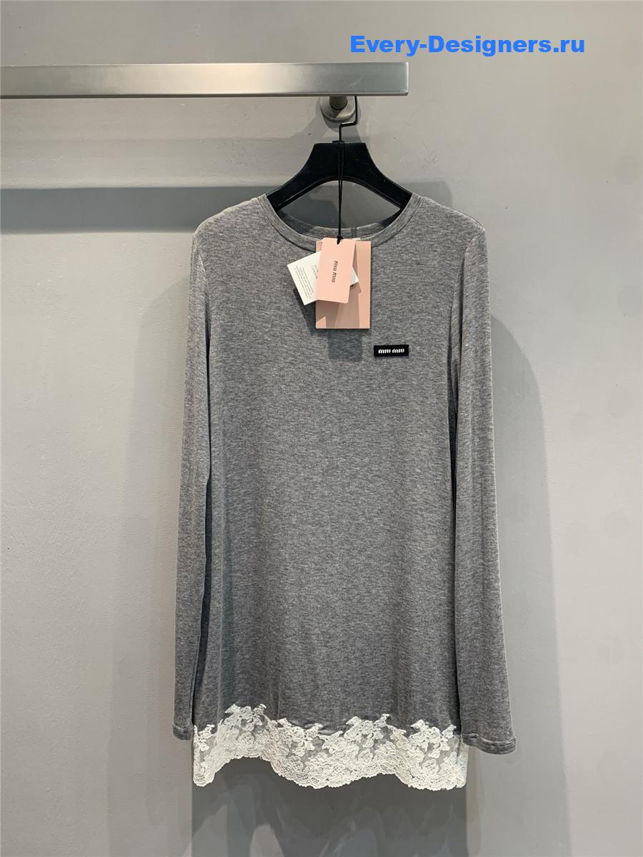 Miu Miu Lace-Trimmed Mini Dress Grey