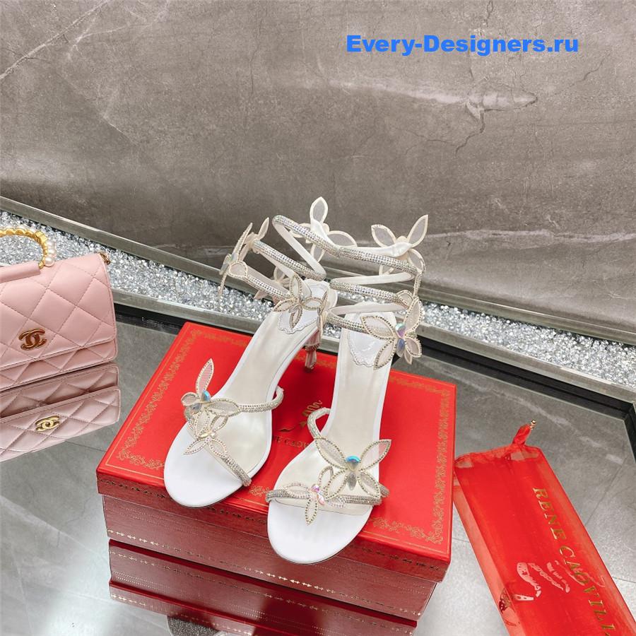 René Caovilla White Floral Rhinestone Sandals