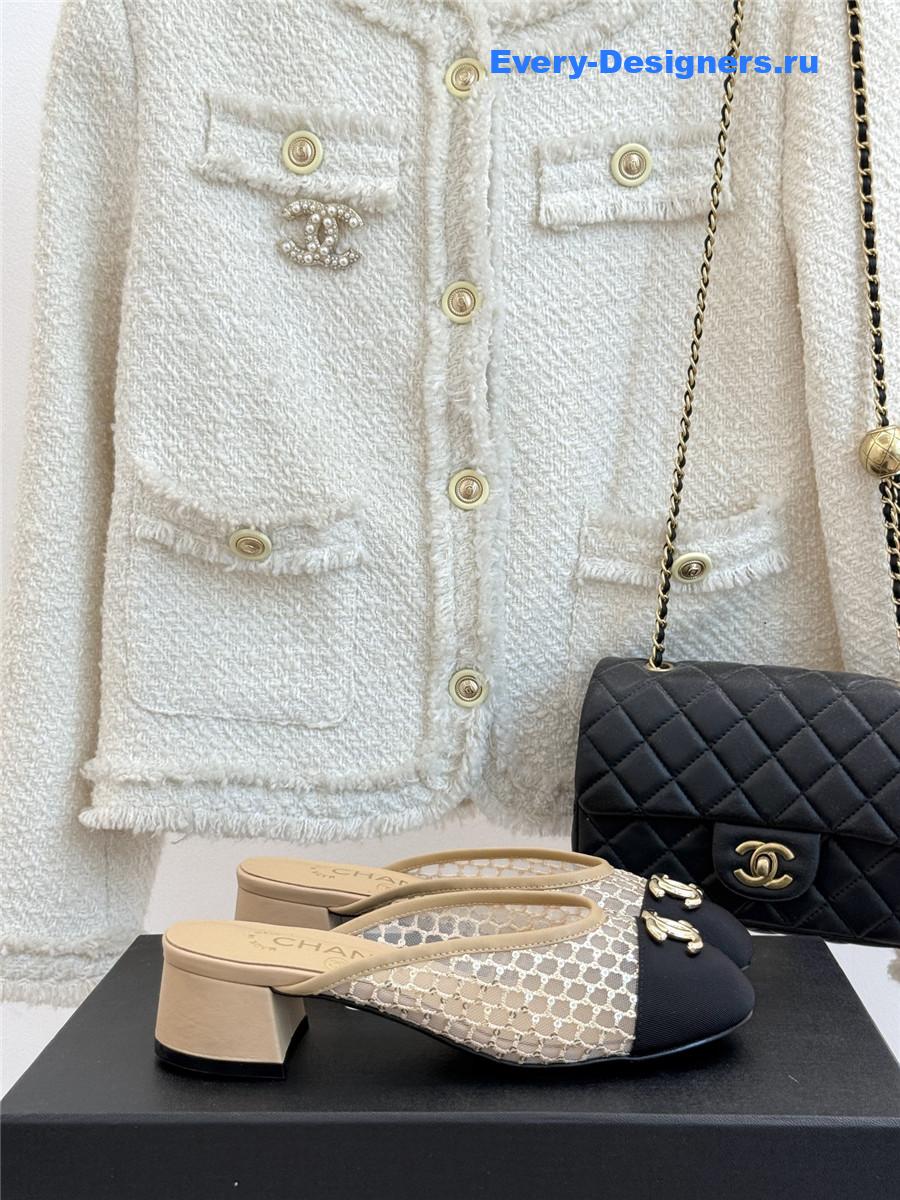 Ch**el mesh rhinestone cc chunky heel slippers