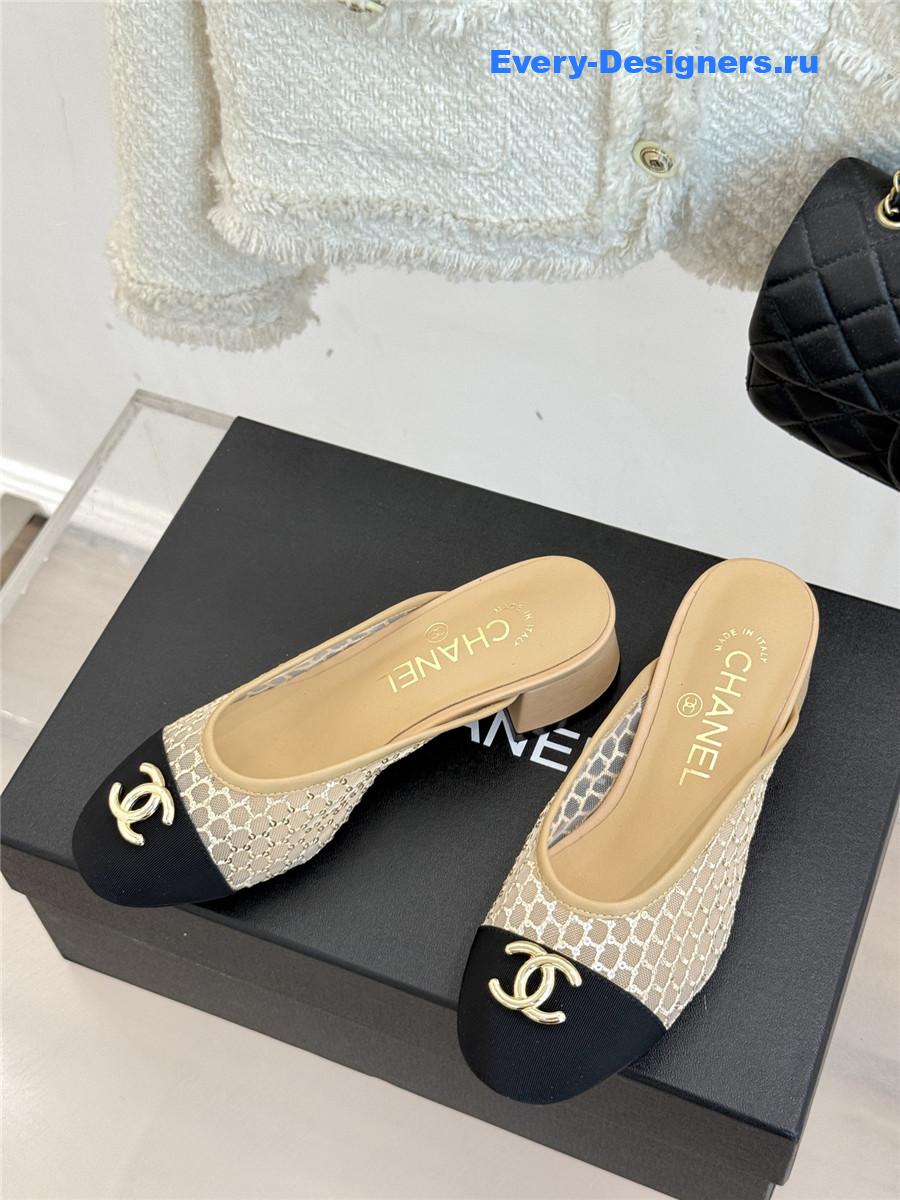 Ch**el mesh rhinestone cc chunky heel slippers