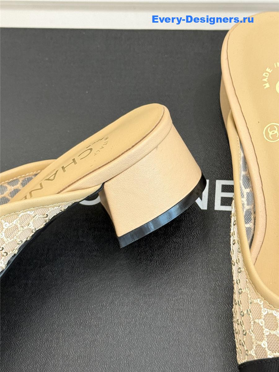 Ch**el mesh rhinestone cc chunky heel slippers