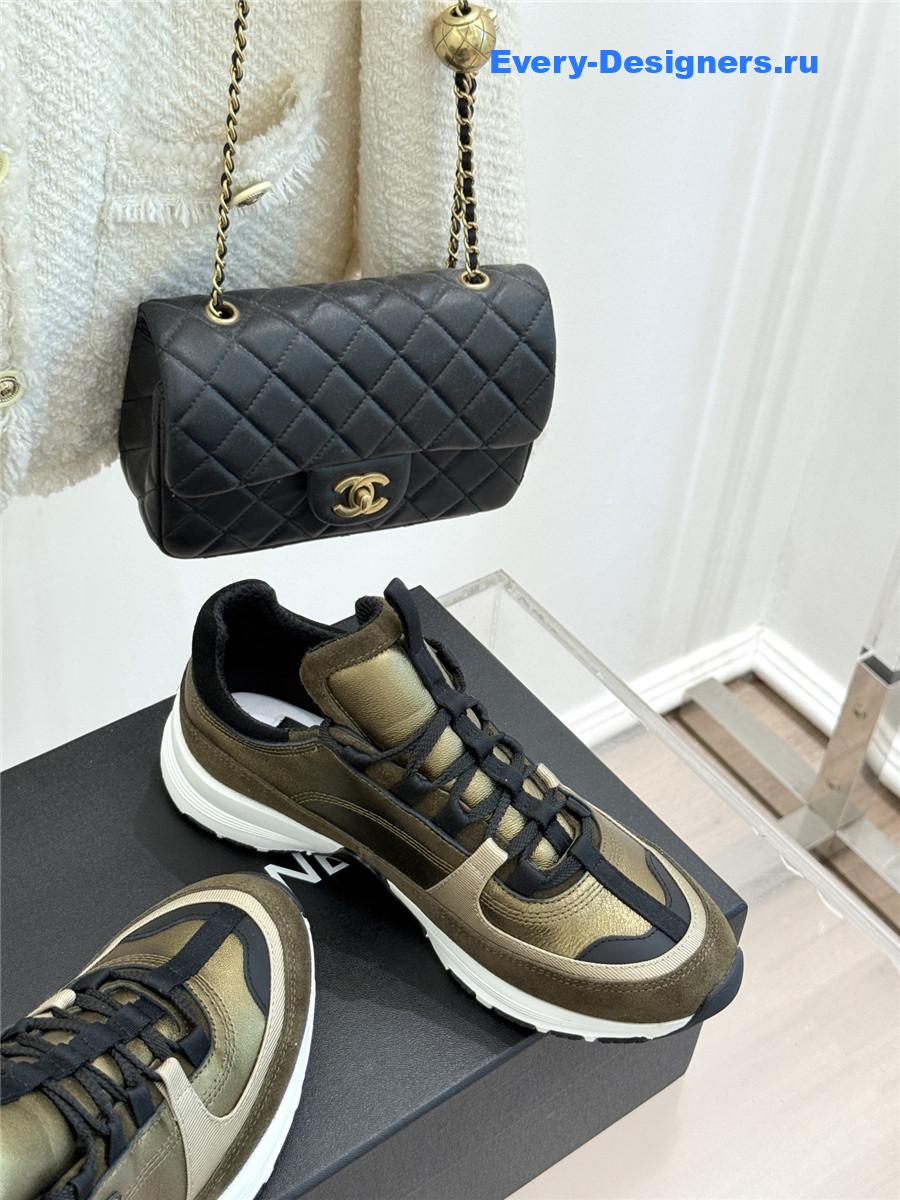 Ch**el laminated calfskin suede gold trainers