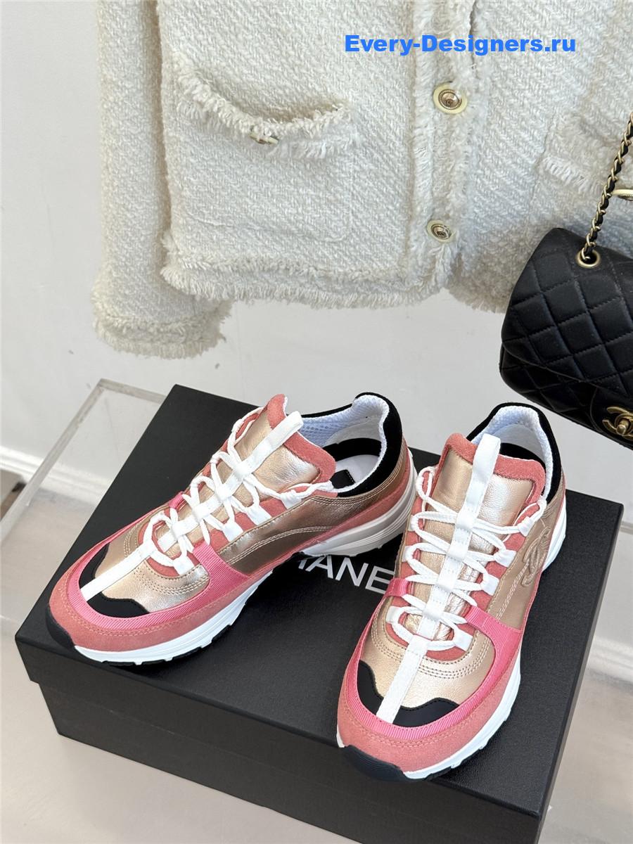 Ch**el laminated calfskin suede pink trainers