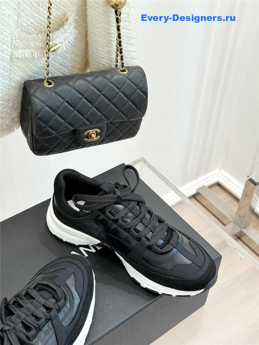 Ch**el laminated calfskin suede black trainers