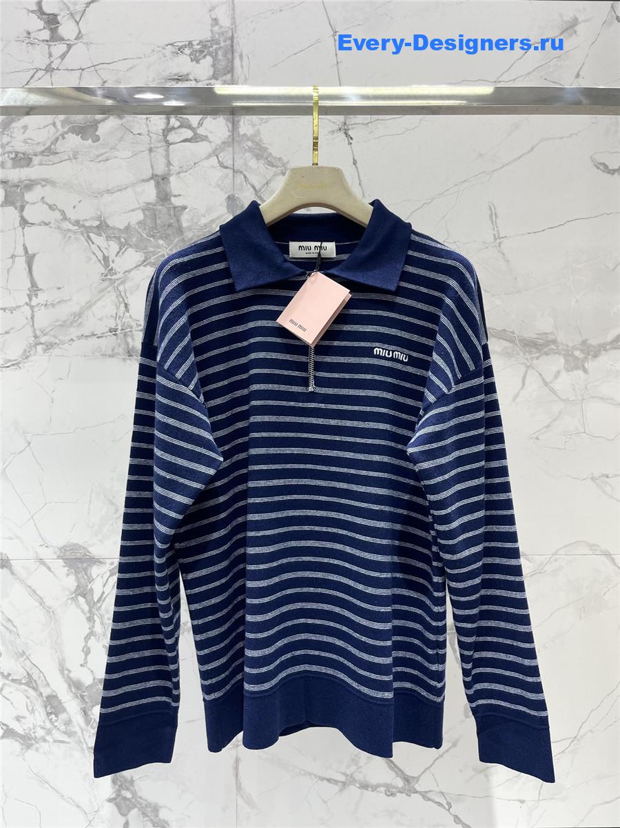 Miu Miu Blue White Striped Zipper Polo Shirt