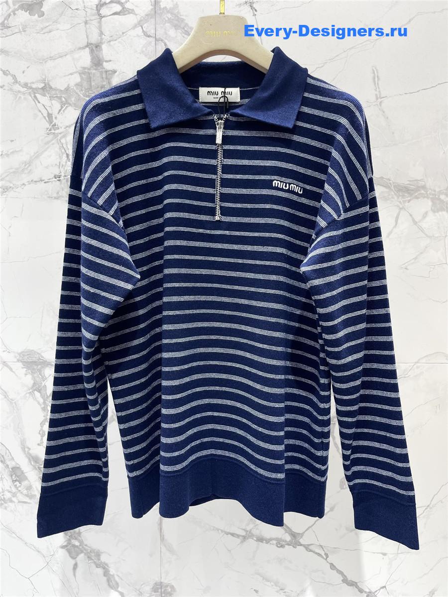 Miu Miu Blue White Striped Zipper Polo Shirt