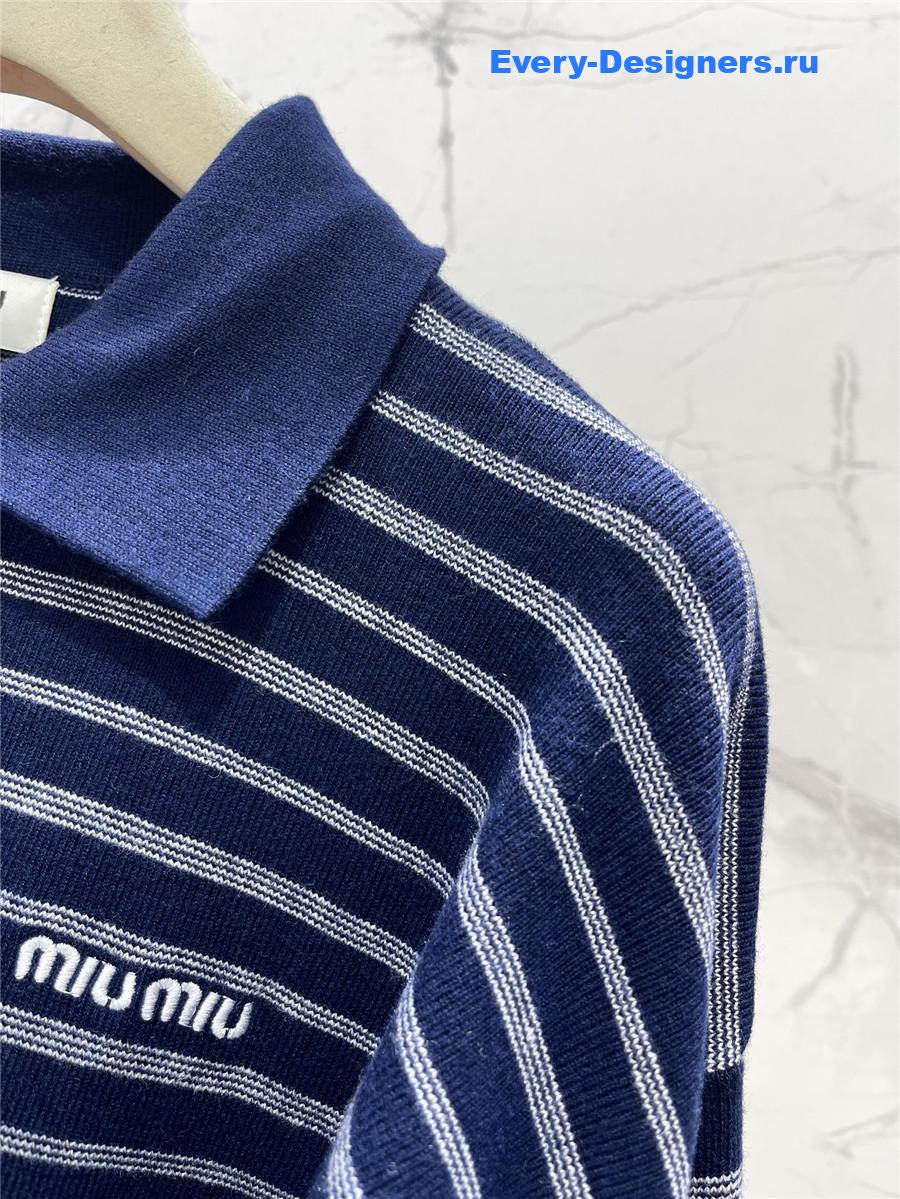 Miu Miu Blue White Striped Zipper Polo Shirt