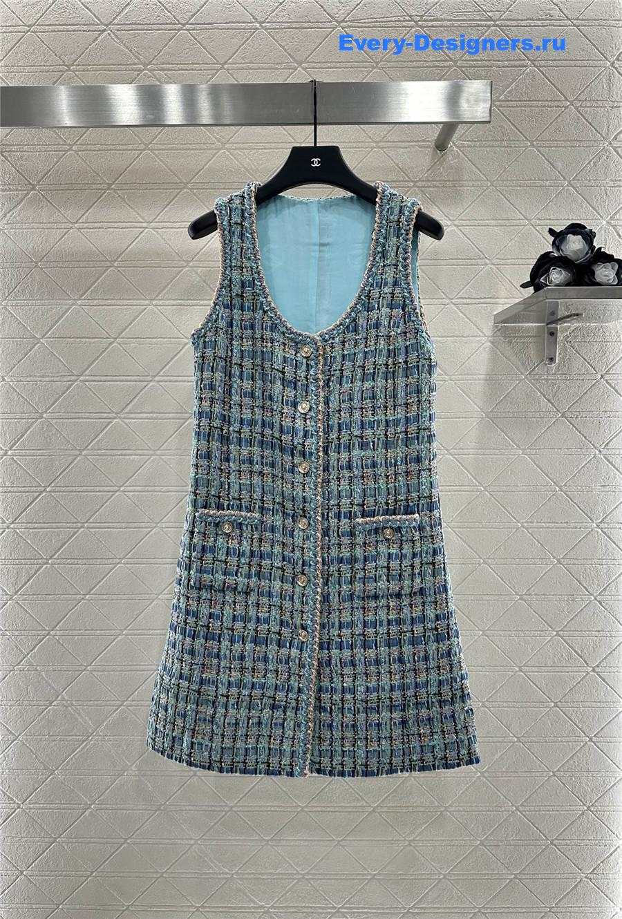 Ch**el turquoise cotton tweed dress