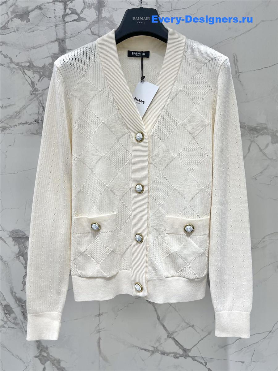 Balmain White Emblème Cardigan