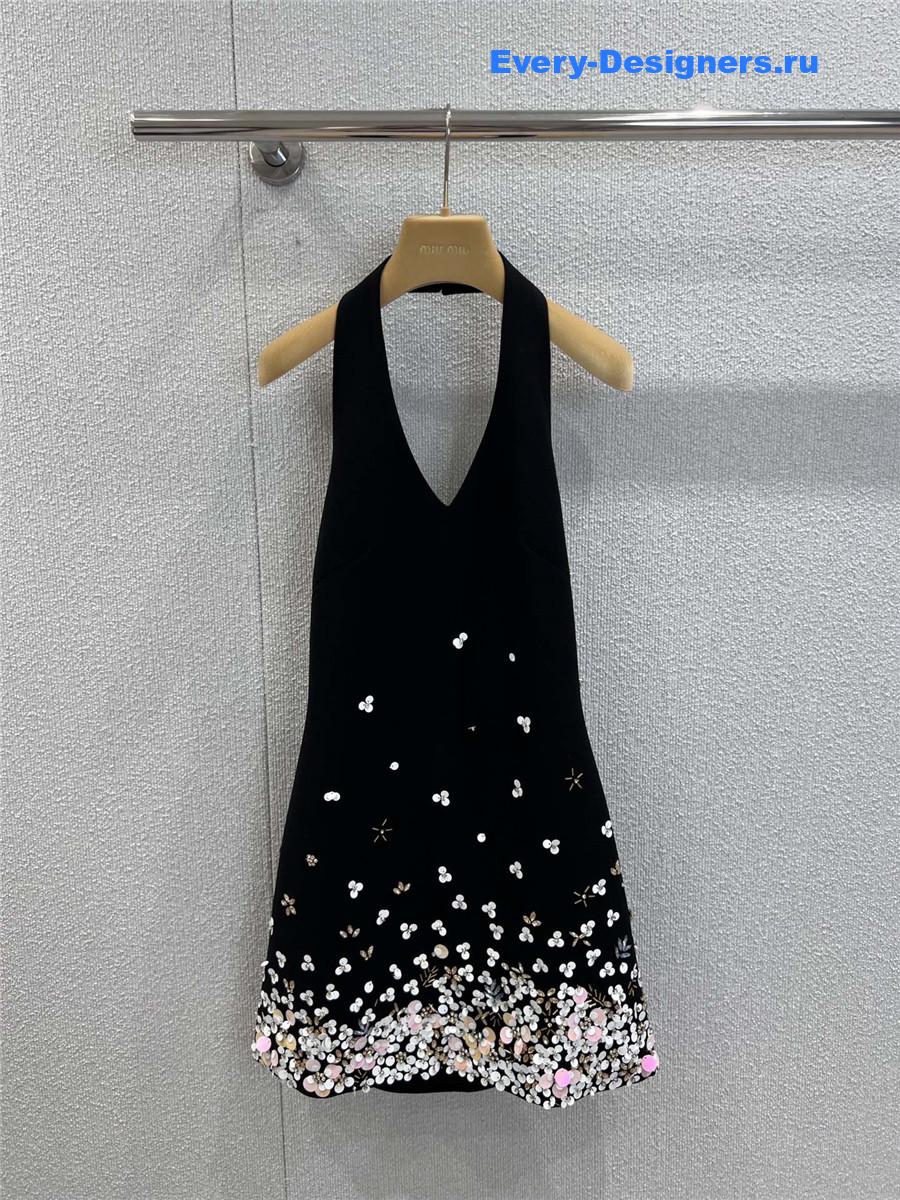 Miu Miu Black Beaded V-Neck Dress