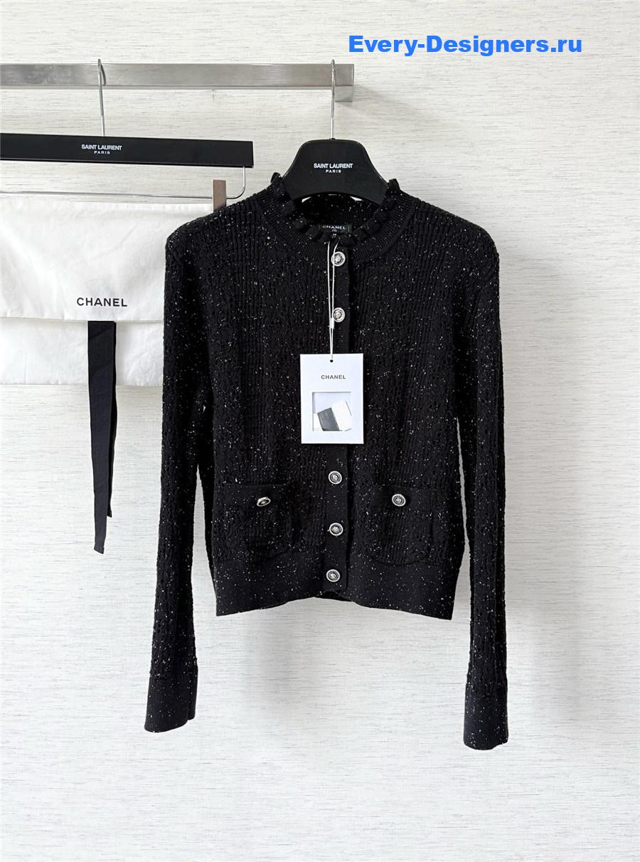 Ch**el black wool sequin hollow knit cardigan