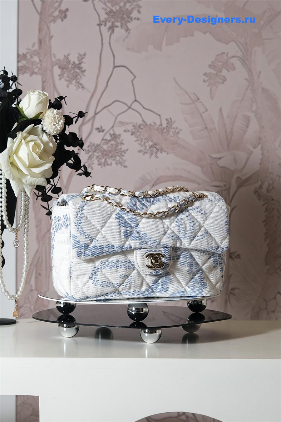 Ch**el white & blue denim hobo bag