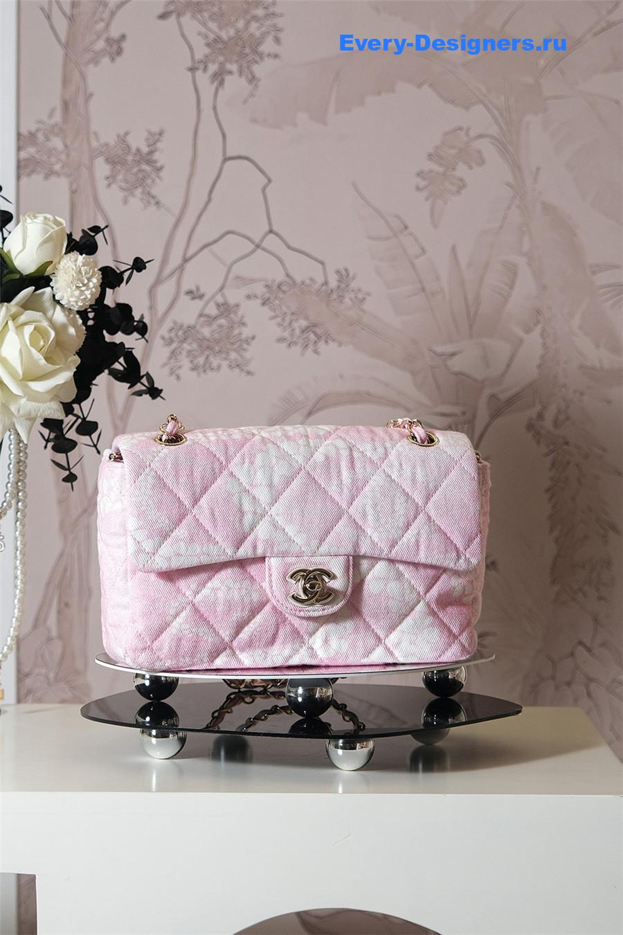 Ch**el white & pink denim hobo bag