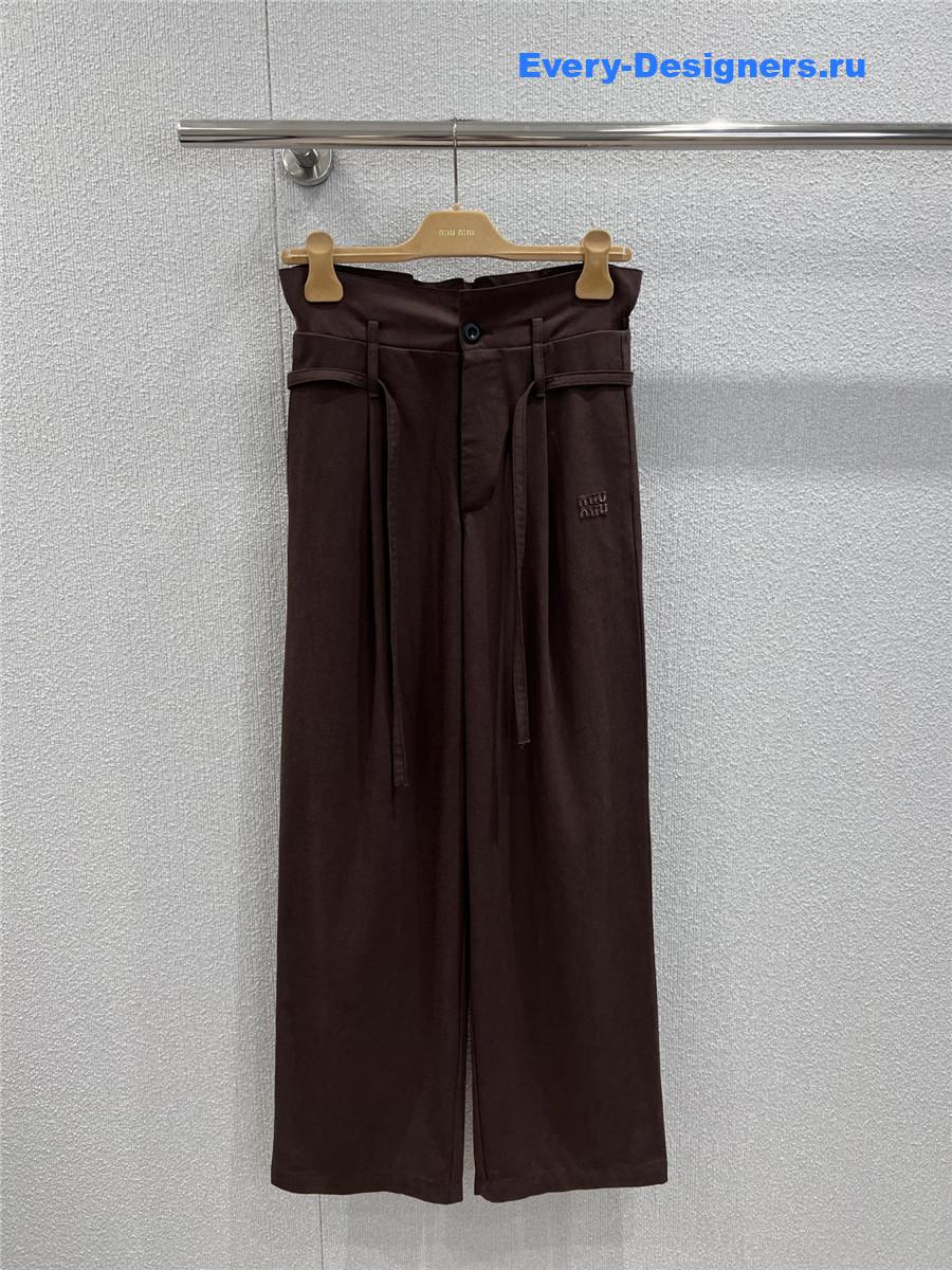 Miu Miu Floral Waistband Lace-Up Trousers In Brown