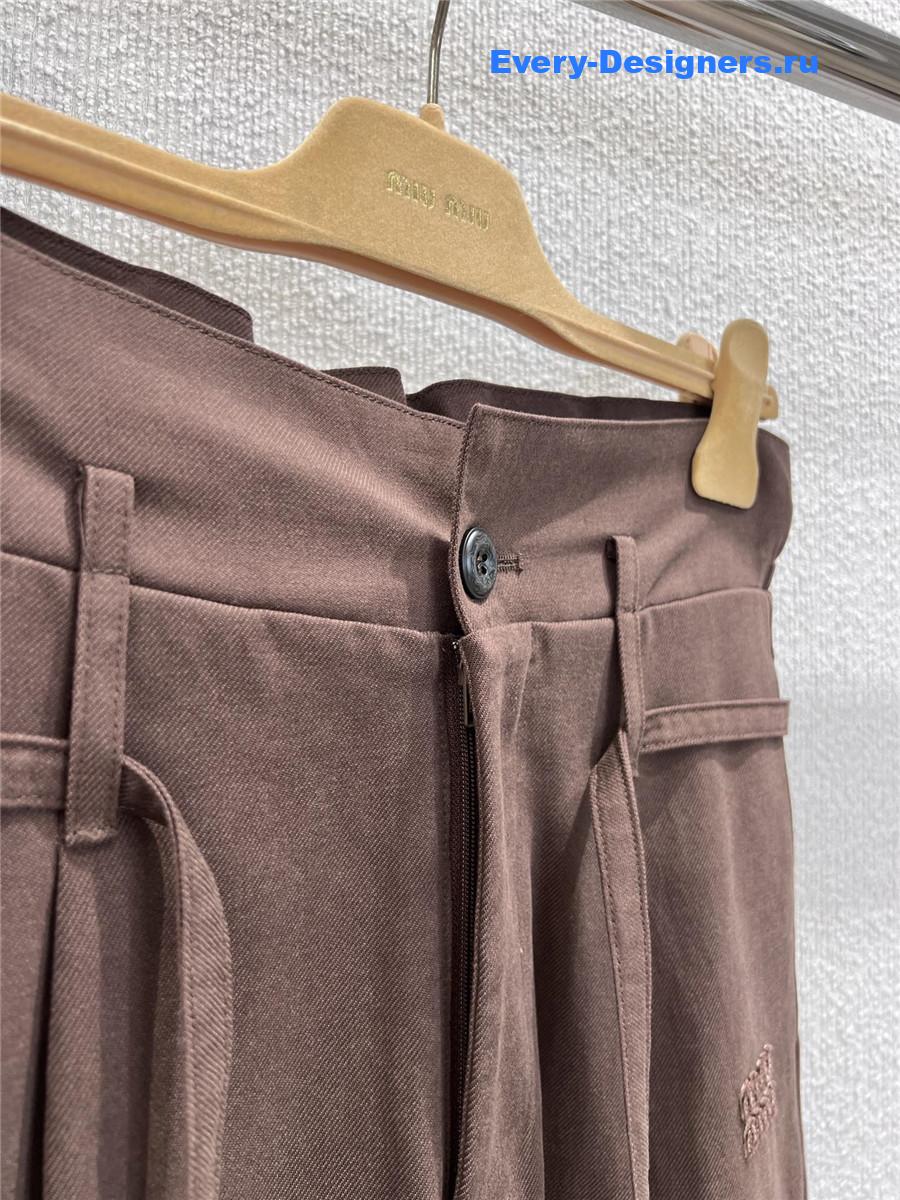 Miu Miu Floral Waistband Lace-Up Trousers In Brown