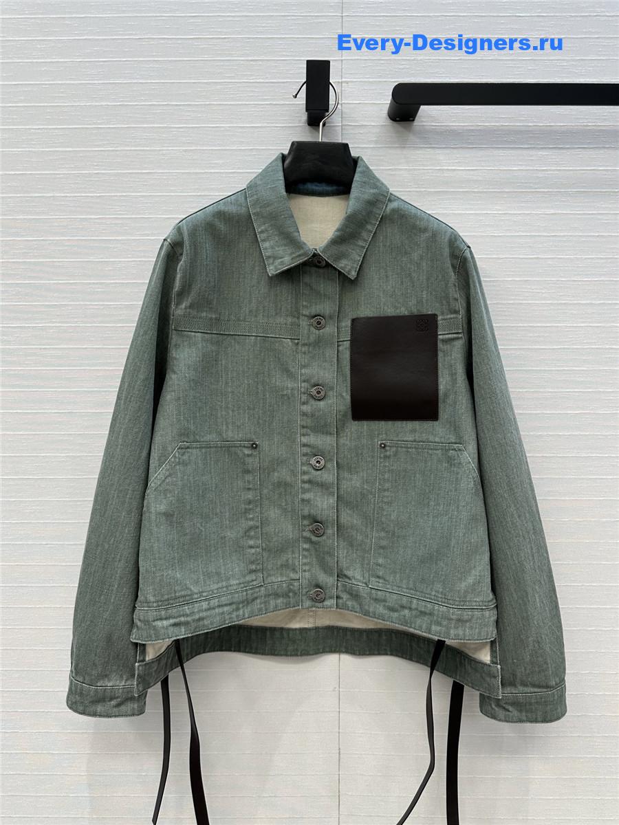 L0ew* leather-trimmed green denim jacket