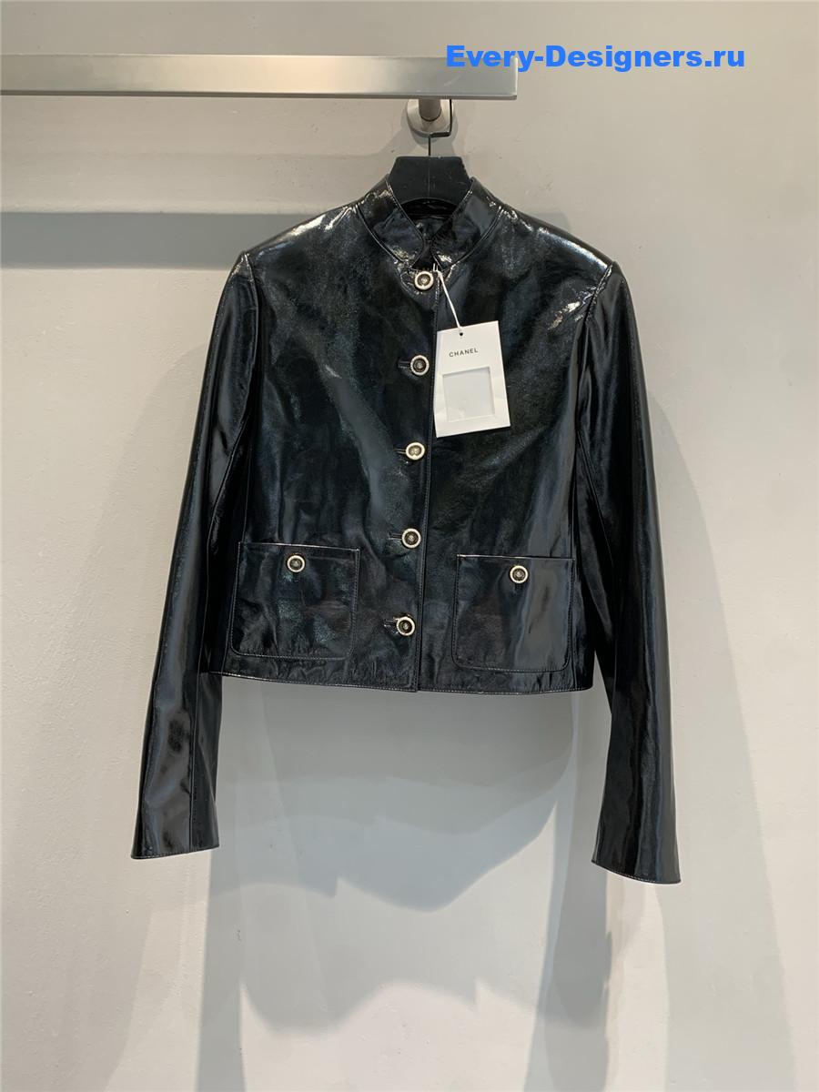 Ch**el black lambskin short leather jacket