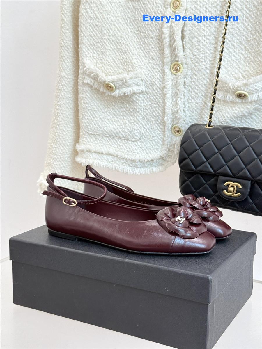 Ch**el burgundy camellia mary jane flats