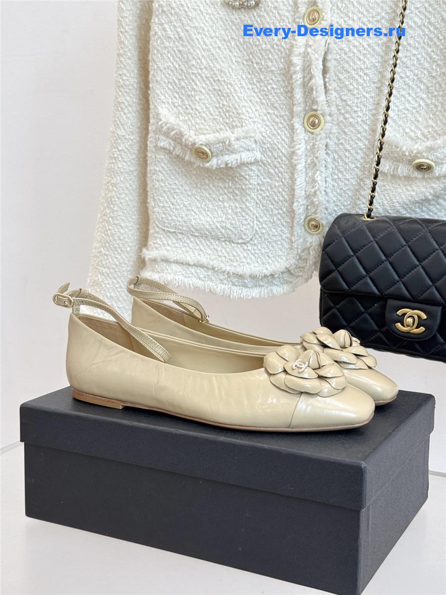 Ch**el beige camellia mary jane flats