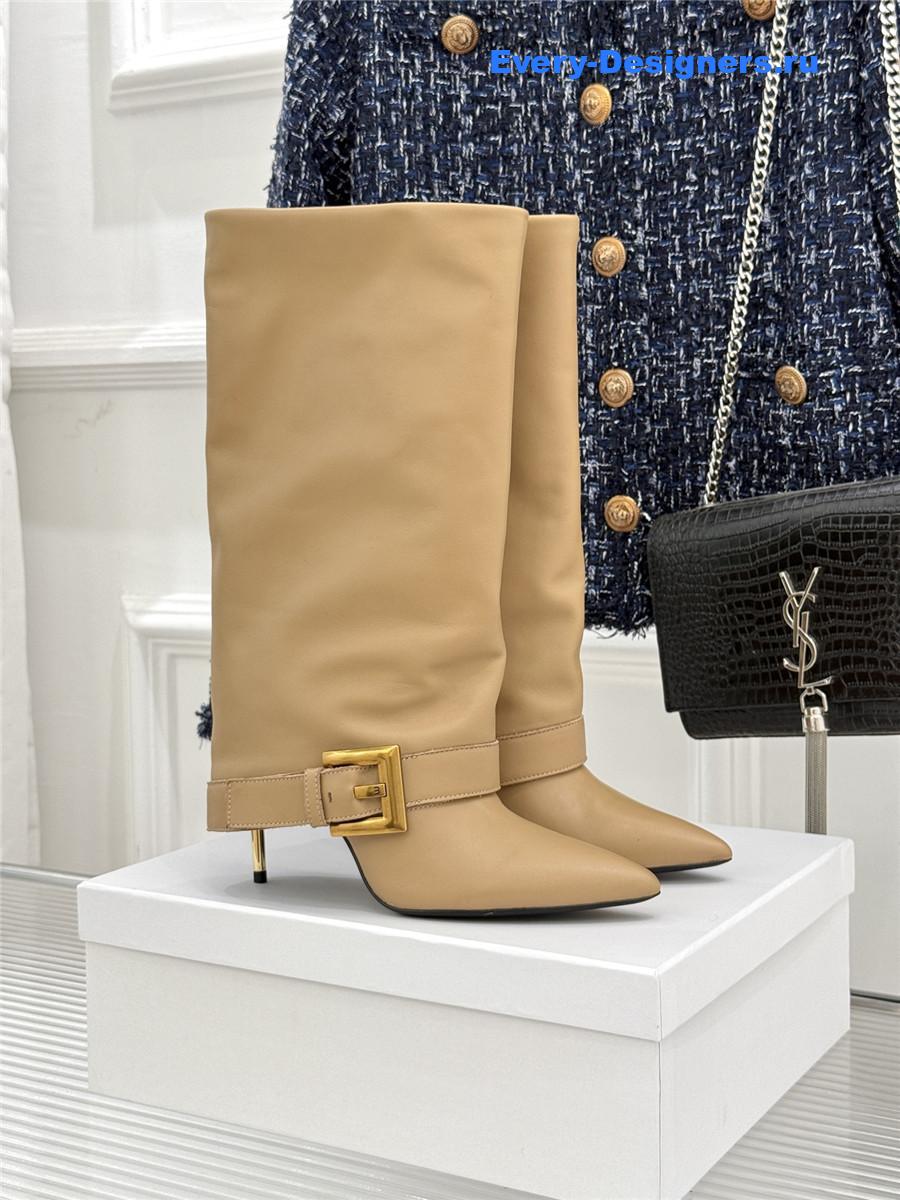 Balmain Anthe Beige Leather Knee-High Boots