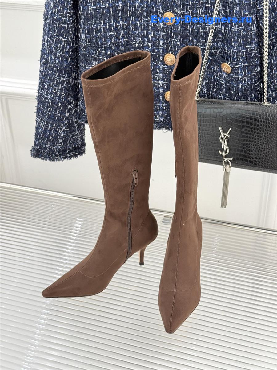 The R0w brown suede pointy toe knee-high boots