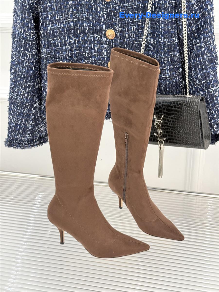 The R0w brown suede pointy toe knee-high boots
