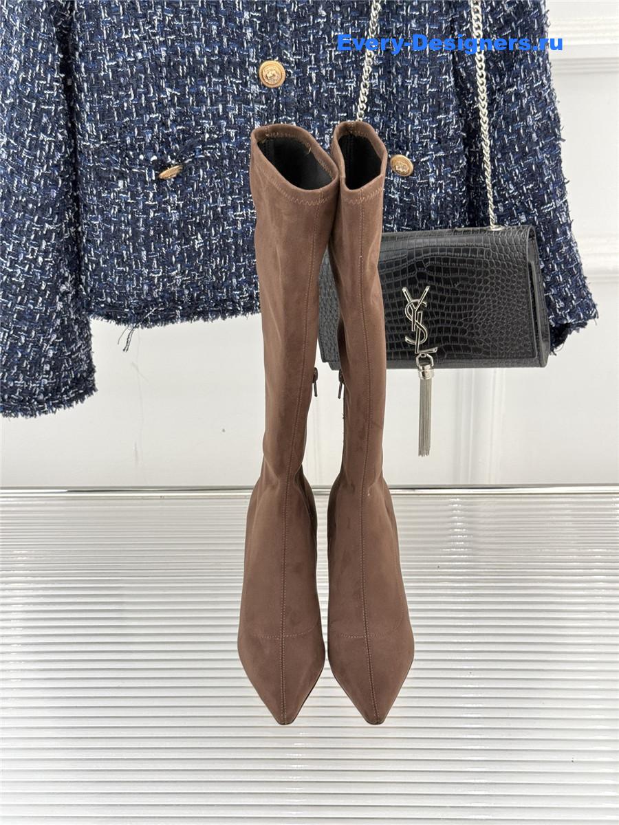 The R0w brown suede pointy toe knee-high boots