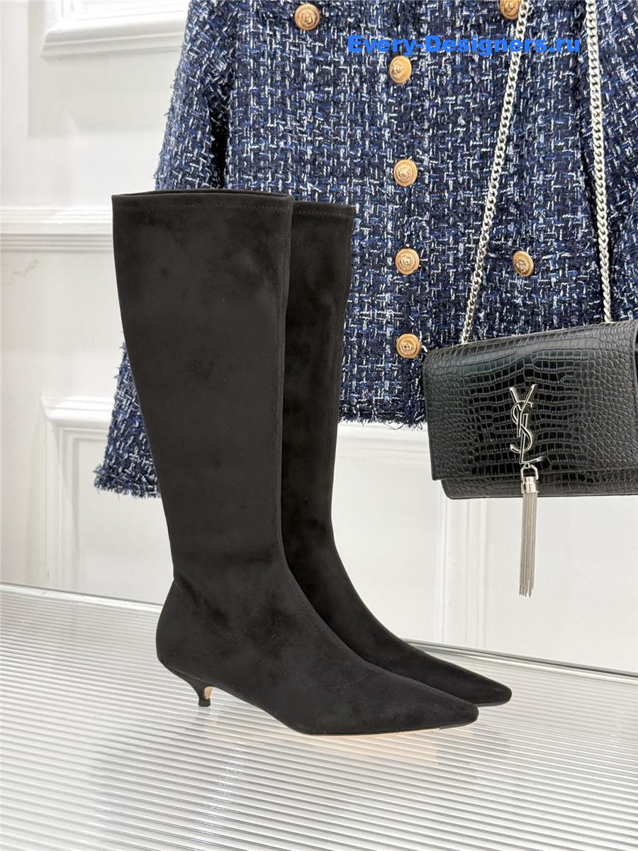 The R0w black suede pointy toe knee-high boots