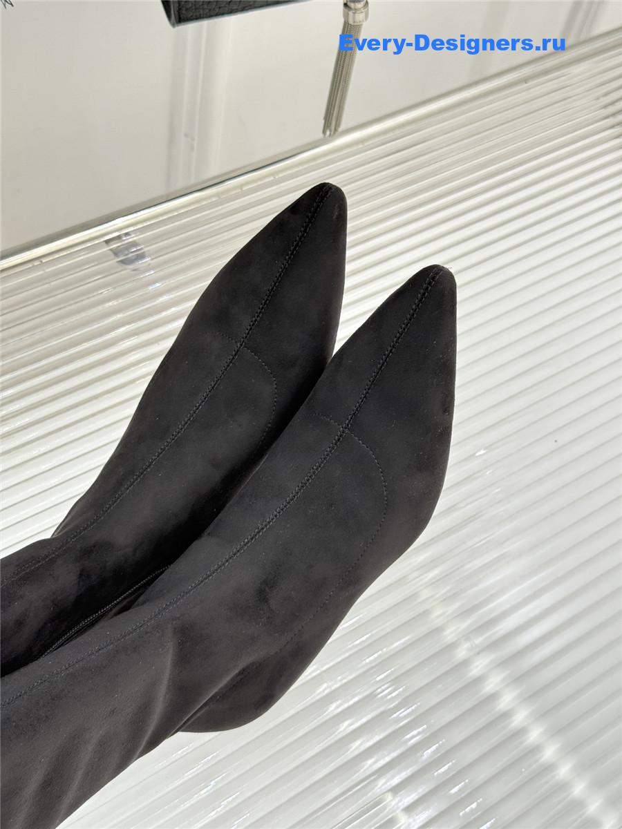 The R0w black suede pointy toe knee-high boots