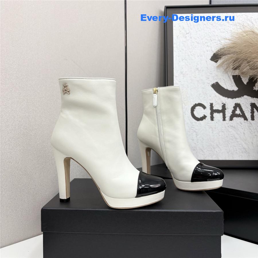 Ch**el lambskin cap toe high heel boots white