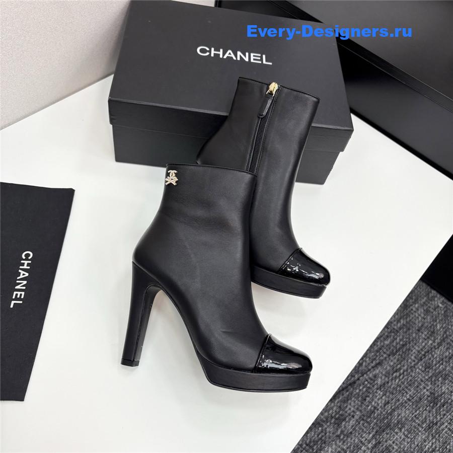 Ch**el black lambskin cap-toe heel boots