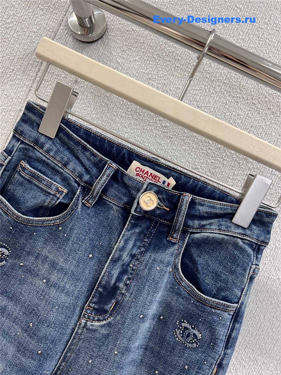 Ch**el logo embossed rhinestone jeans