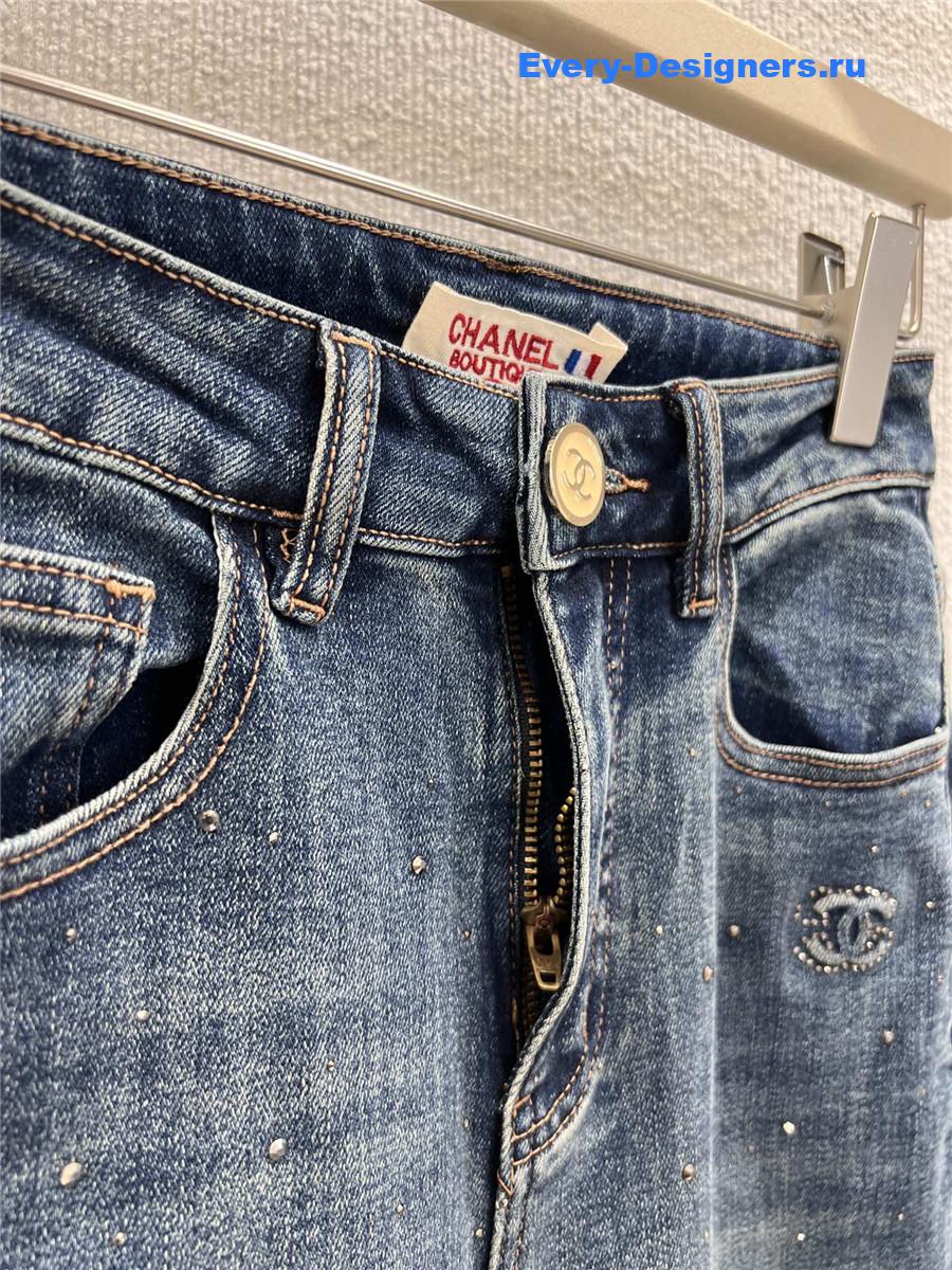 Ch**el logo embossed rhinestone jeans