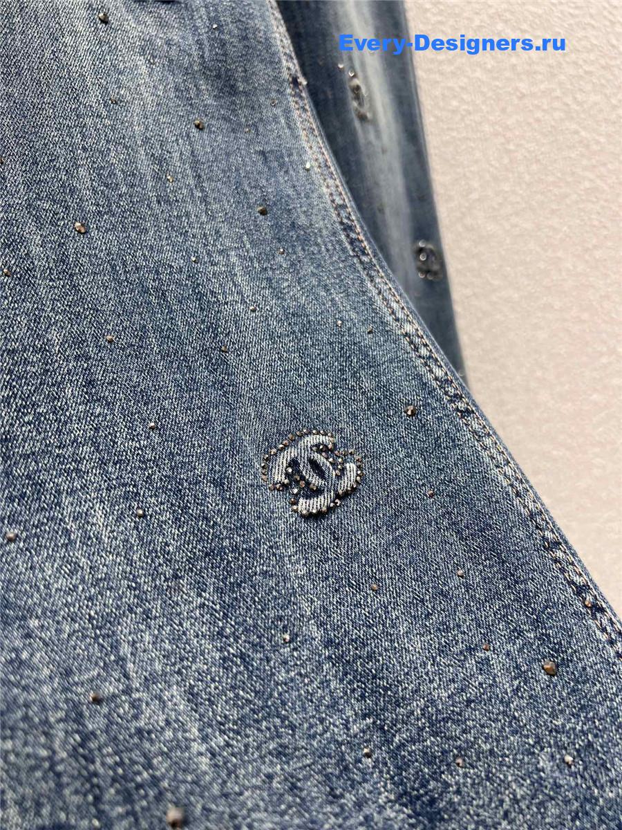 Ch**el logo embossed rhinestone jeans