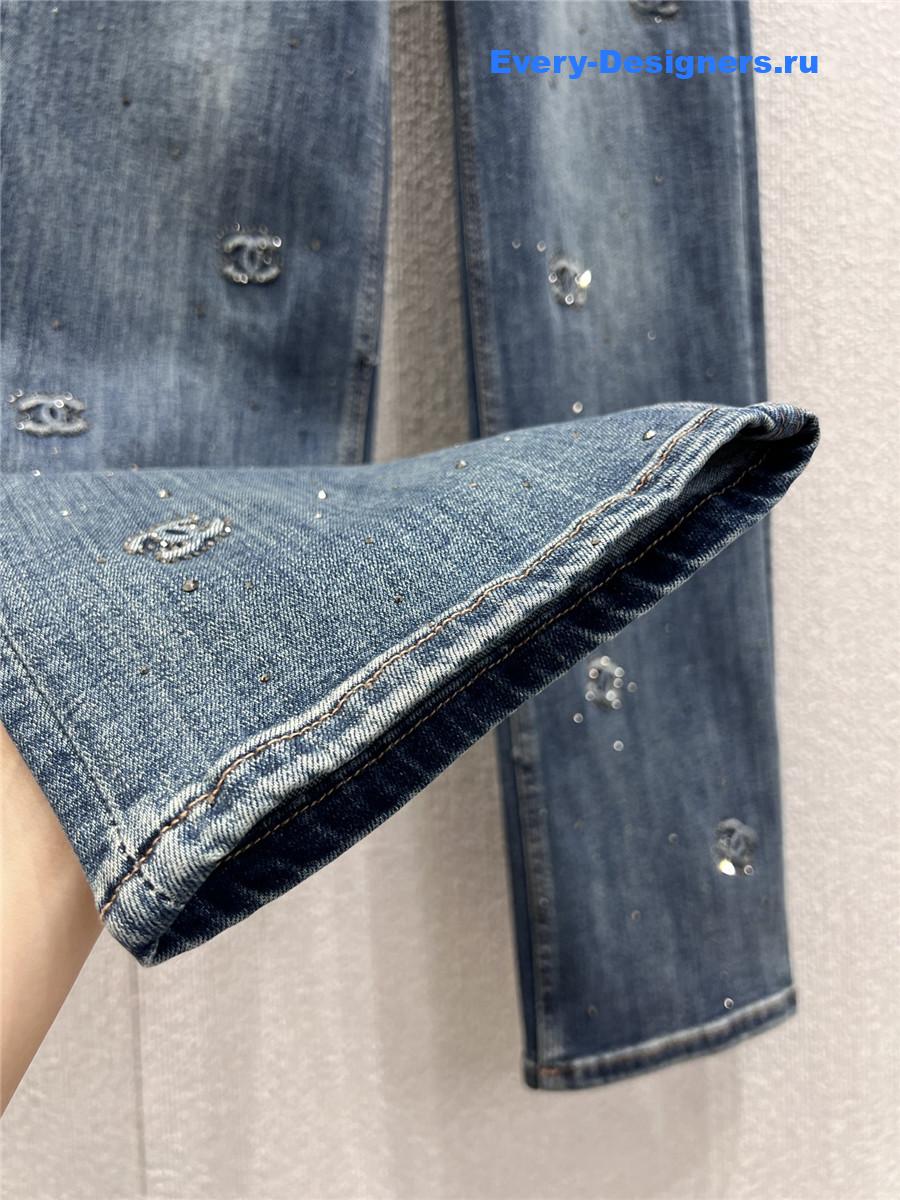 Ch**el logo embossed rhinestone jeans