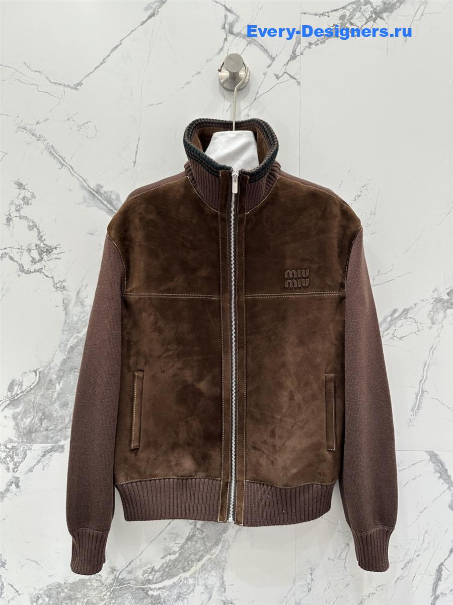 Miu Miu Brown Suede-Insert Ribbed Cardigan