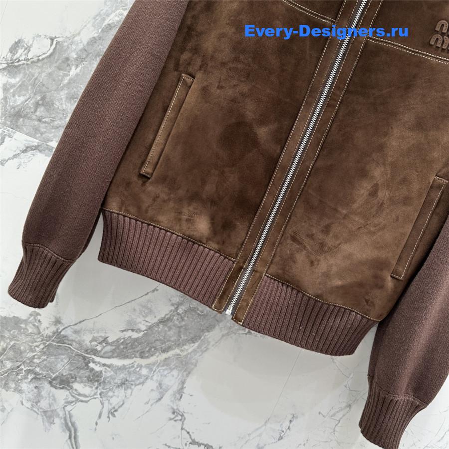 Miu Miu Brown Suede-Insert Ribbed Cardigan