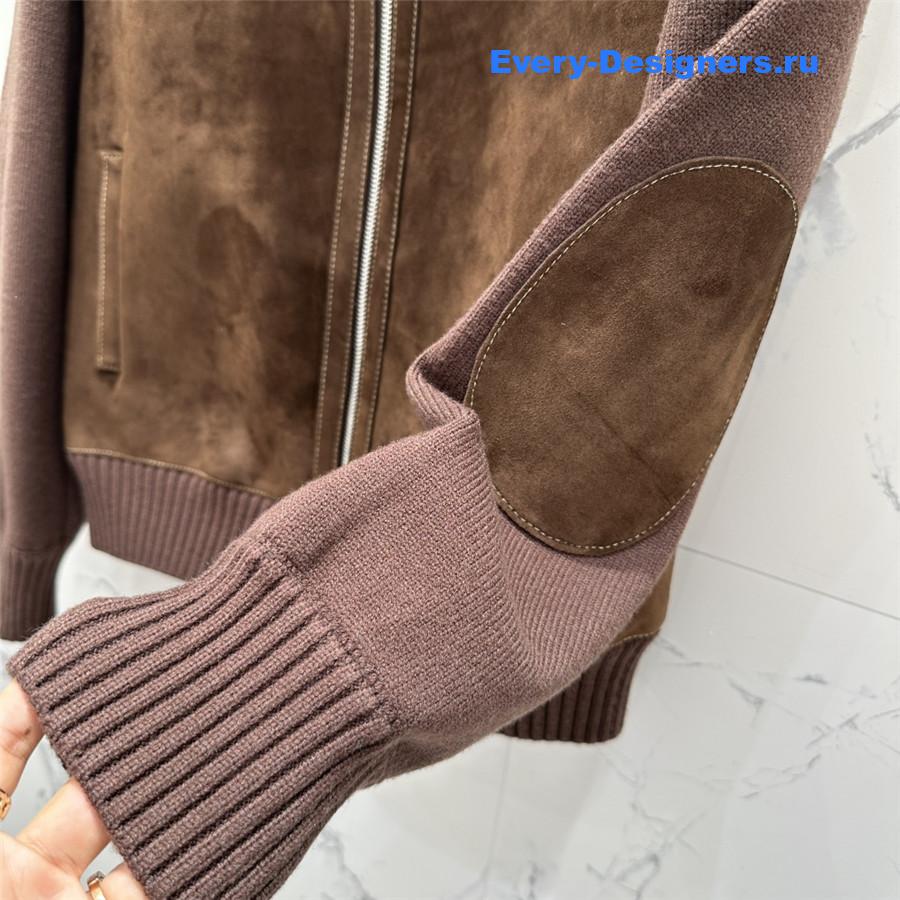 Miu Miu Brown Suede-Insert Ribbed Cardigan