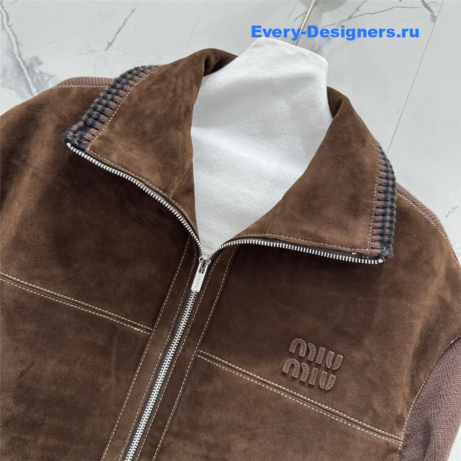 Miu Miu Brown Suede-Insert Ribbed Cardigan