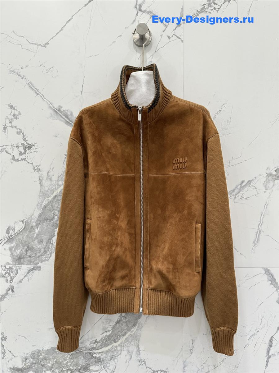 Miu Miu Beige Suede-Insert Ribbed Cardigan