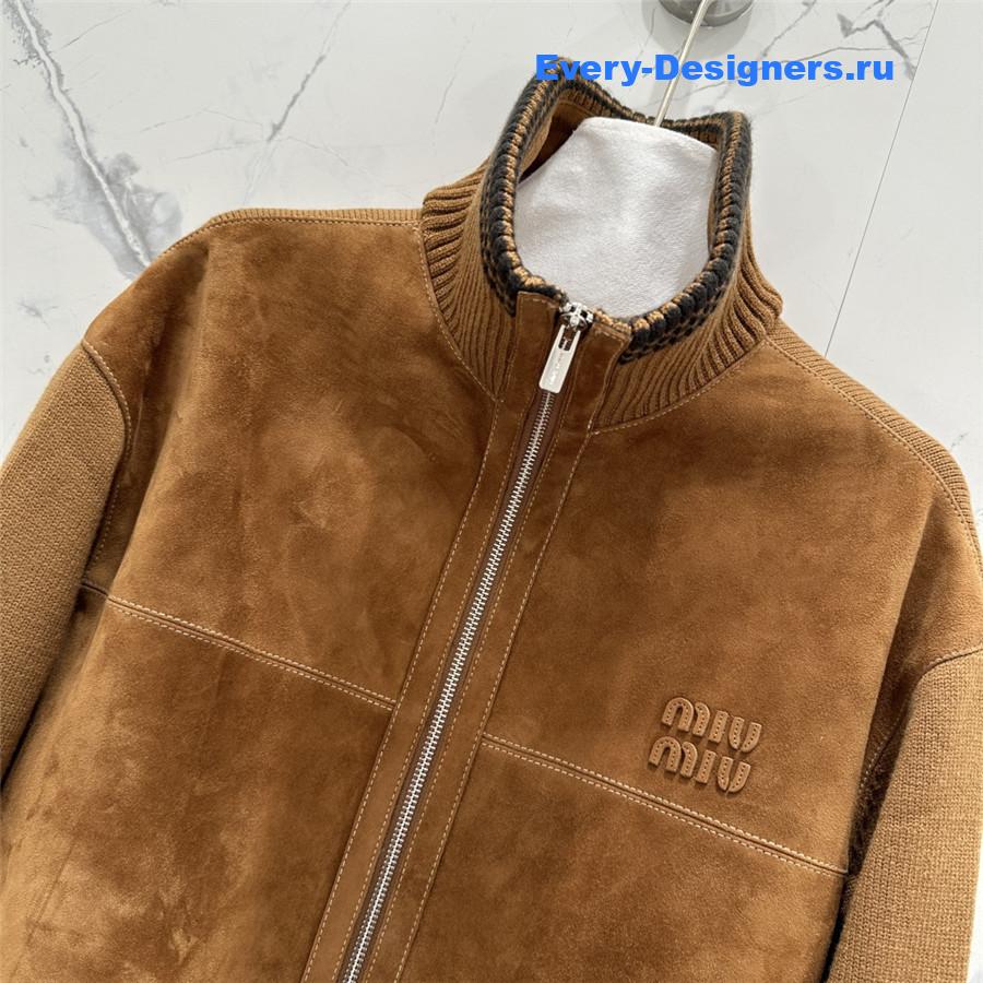 Miu Miu Beige Suede-Insert Ribbed Cardigan