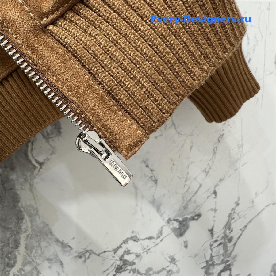 Miu Miu Beige Suede-Insert Ribbed Cardigan