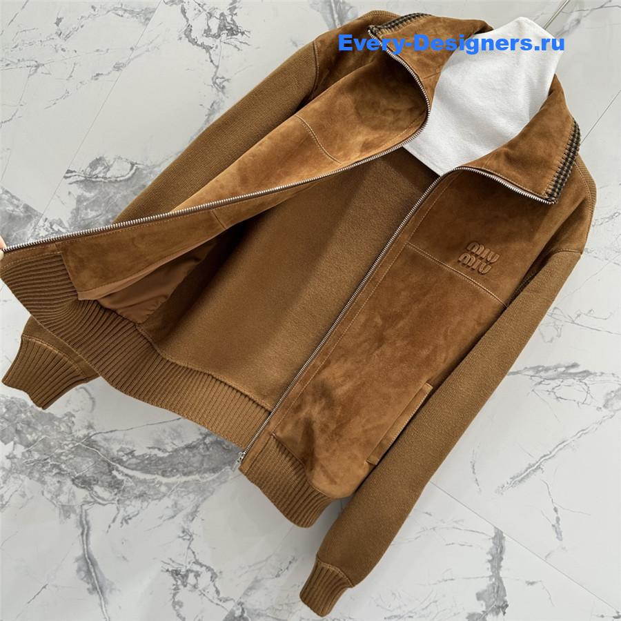 Miu Miu Beige Suede-Insert Ribbed Cardigan