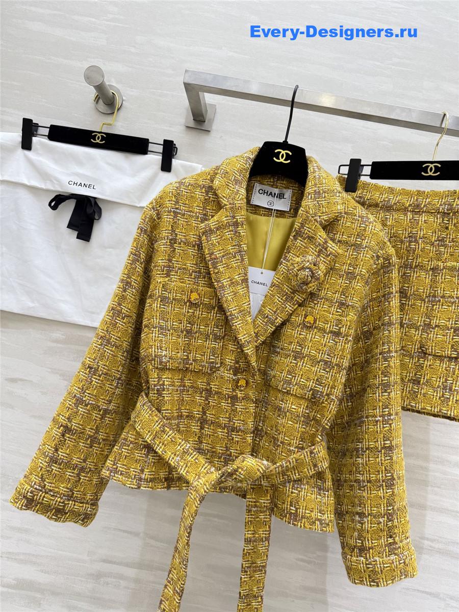 Ch**el yellow tweed detailed dress with blazer sets
